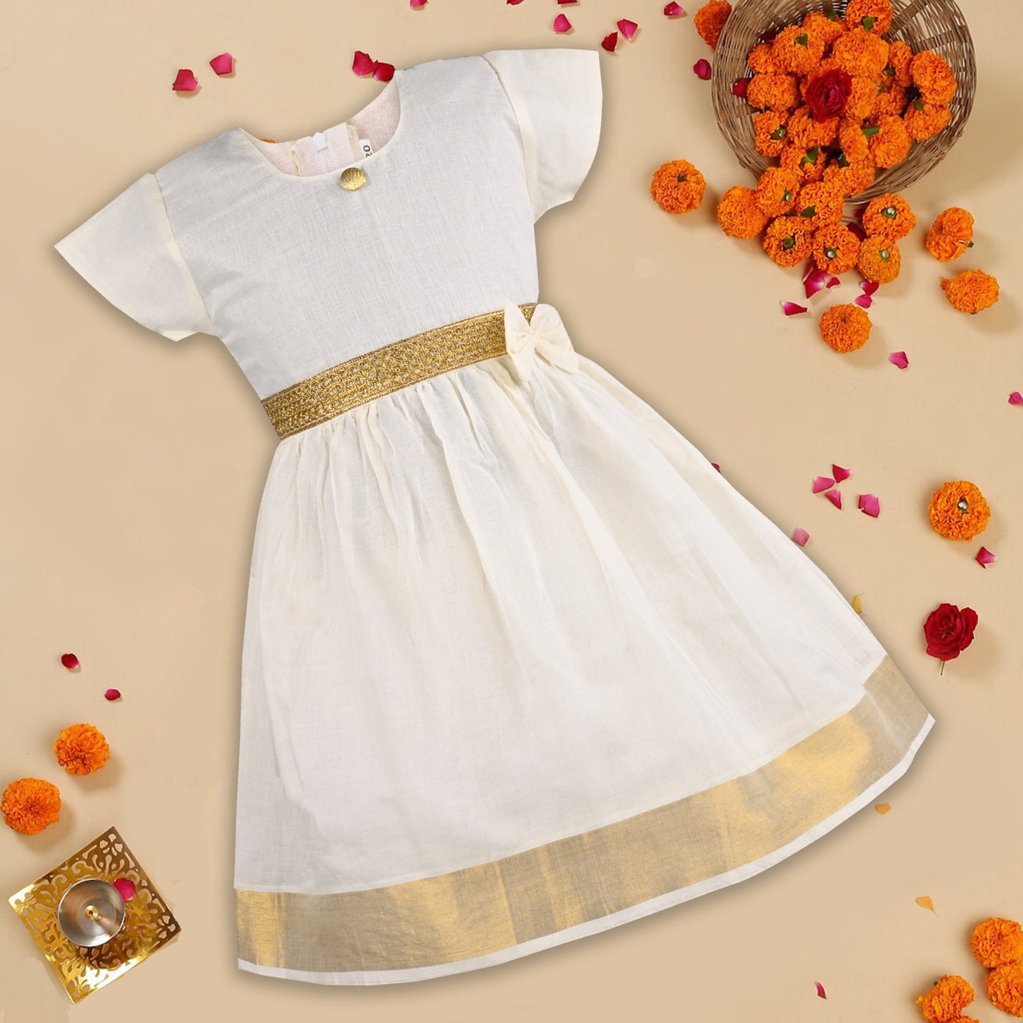 Baby Girls Goden Kasavu Zari Frock Dress - Onam Special