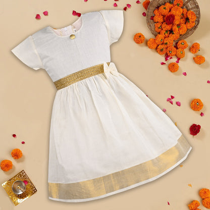 Baby Girls Goden Kasavu Zari Frock Dress - Onam Special