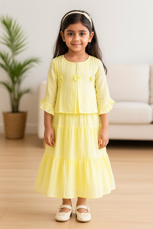Girls Tiered Casual Dress with Flared Sleeves & Floral Detailing
