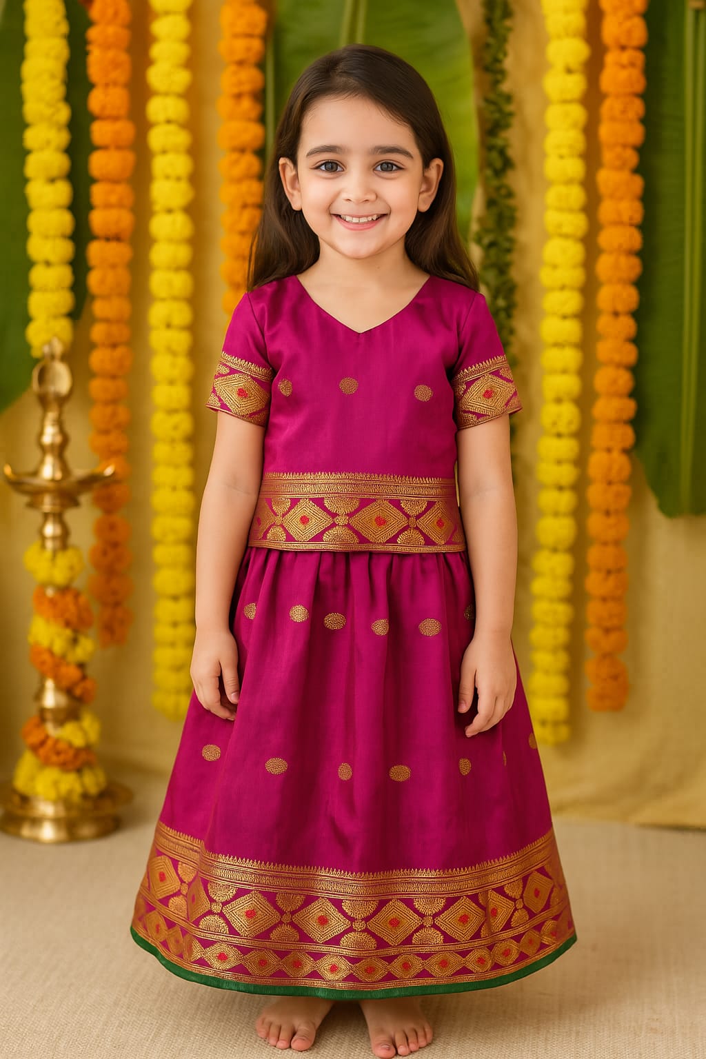 Girls Zari Woven Pattu Pavadai Choli Skirt Set