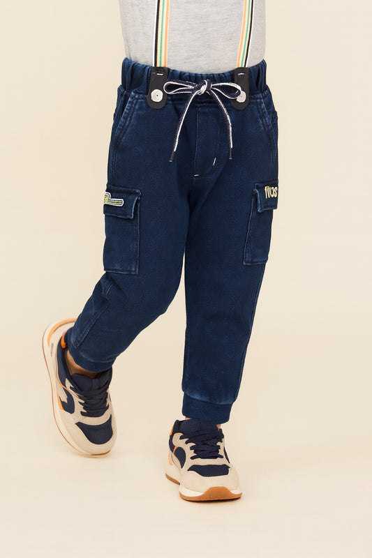 Boys Blue Denim Elastic Cargo Trouser With Suspenders