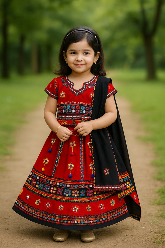 Girls Ethnic Wear Embroidered Cotton Ghagra Choli Dupatta Set