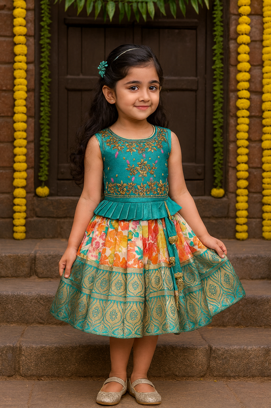 Girls Art Silk Embroidered Party Wear Frock – Sleeveless Floral & Zari Pattern Dress