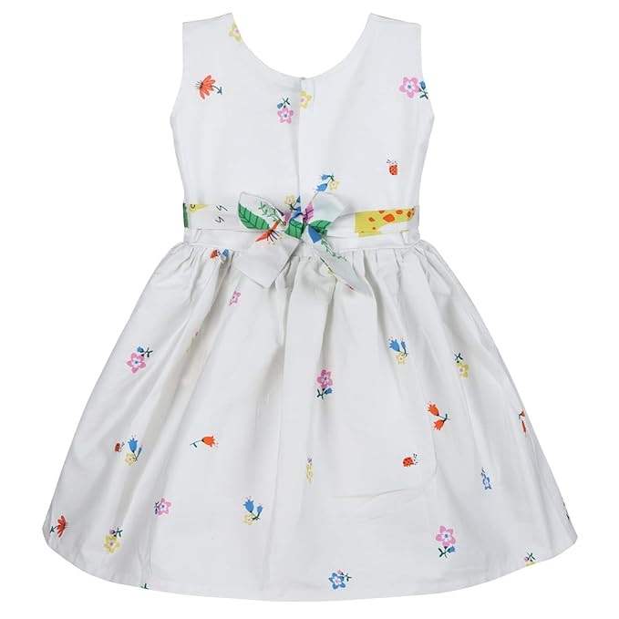 Girls White Jungle Print Cotton Sleeveless Dress with Pink Waist Belt