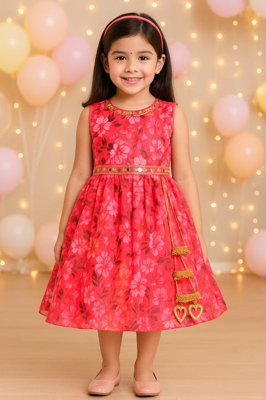 Girls Floral Chiffon Summer Dress with Mirror Work Festive Wear