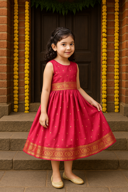 Girls Embellished Polka Dots Satin Ethnic Frock - 1