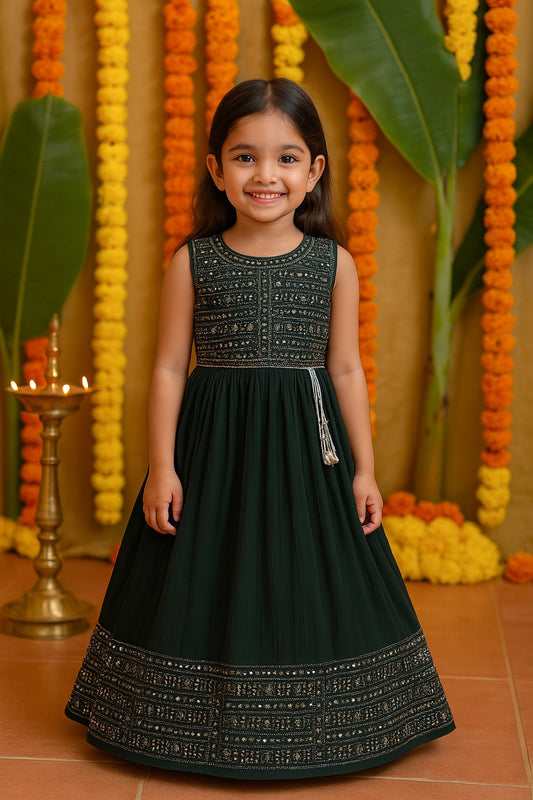 Girls Embellished Fit and Flare Sleeveless Full Length Frock Dress