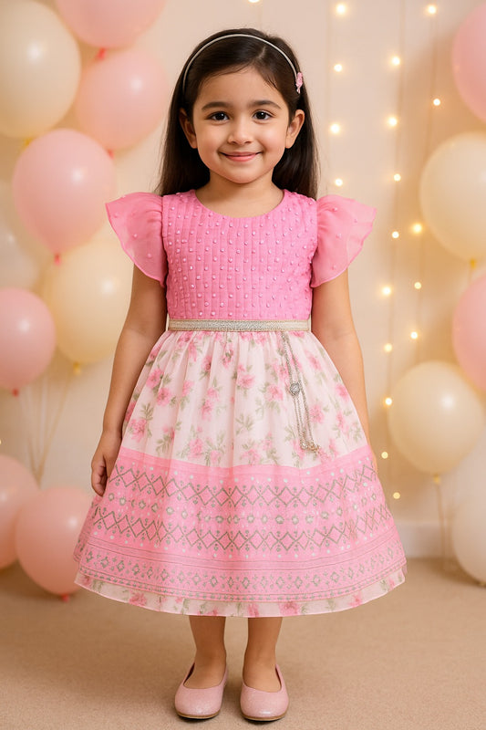 Girls Floral Print Embellished Flared Dress