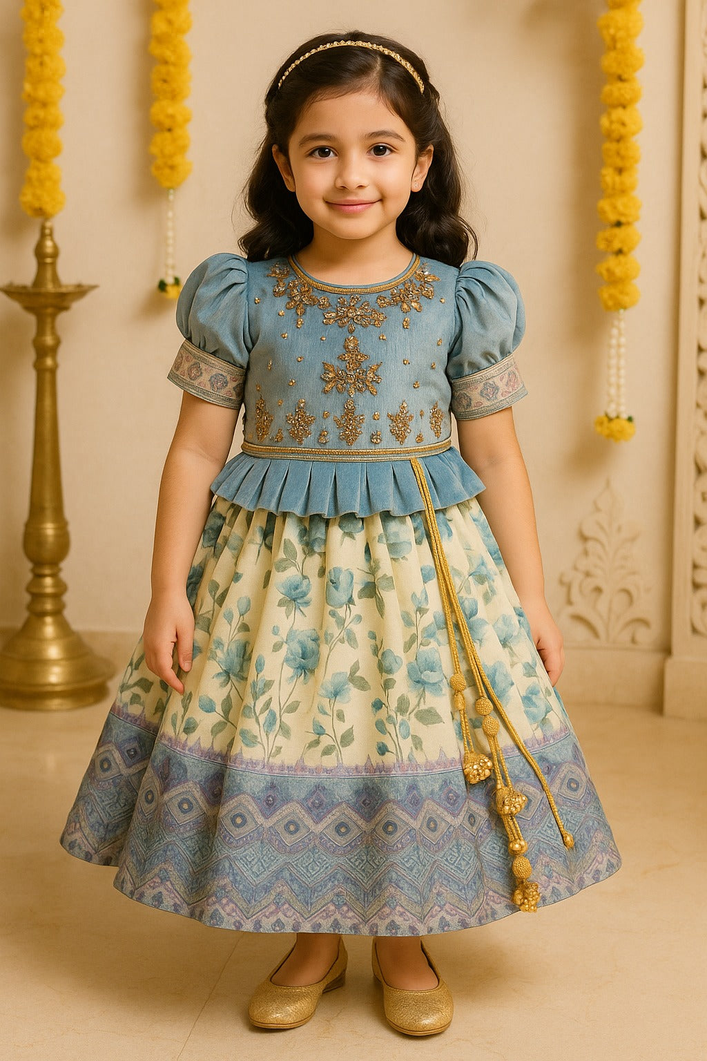 Girls Bead Embellished Printed Silk Ethnic Dress