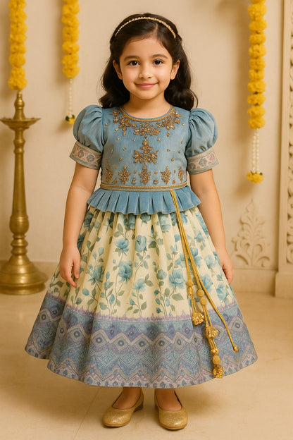 Girls Bead Embellished Printed Silk Ethnic Dress