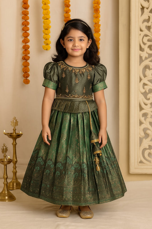 Girls Woven Zari Printed Bead Embellished Ethnic Dress