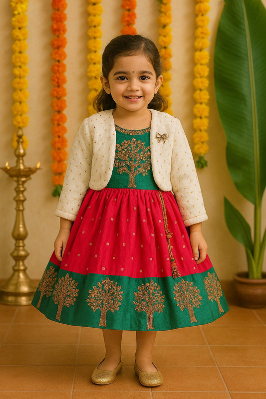 Baby Girls Silk Embroidered Ethnic Frock Dress With Jacket