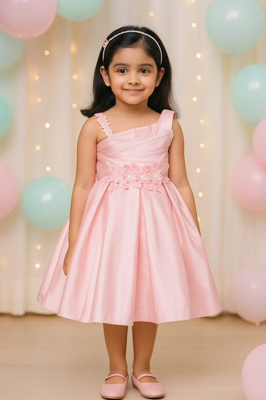 Girls Satin Embellished Flower Detailed Fit and Flare Dress