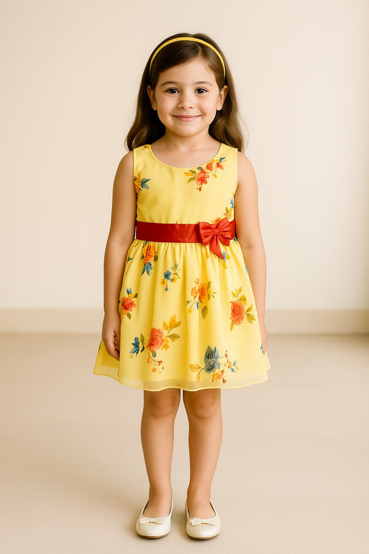 Yellow Floral Printed Bow Dress