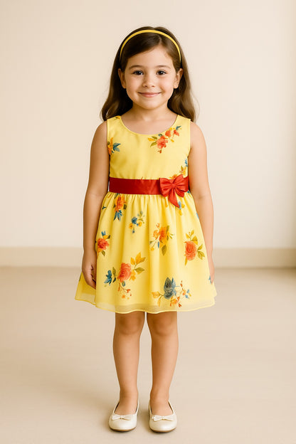 Yellow Floral Printed Bow Dress