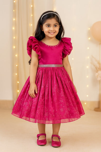 Girls Floral Shimmery Ruffle Sleeve Dress