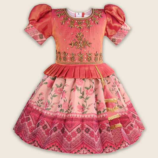 Girls Bead Embellished Printed Silk Ethnic Dress