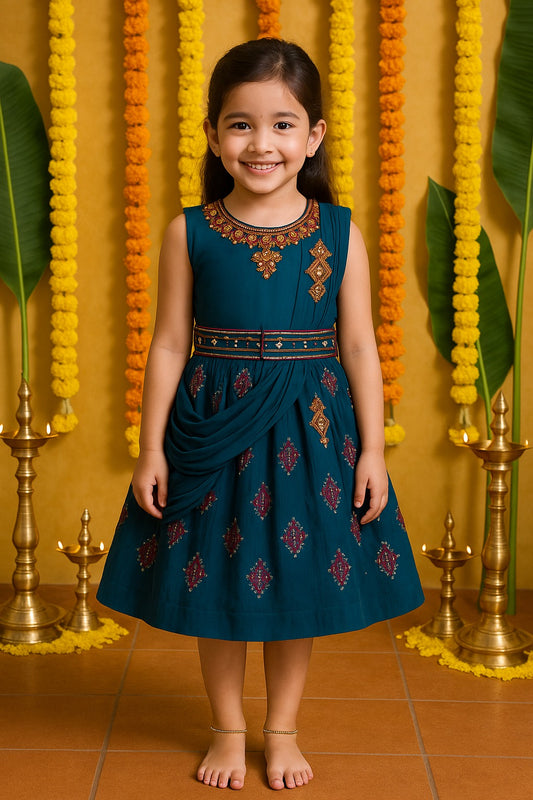 Girls Embellished and Printed Ethnic Dress with Attached Duppata