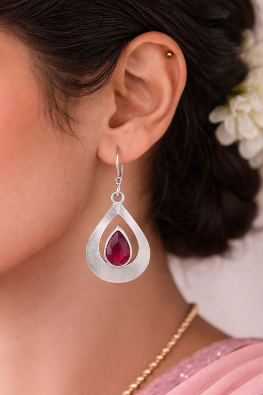 925 Sterling SLV Teardrop Ruby-Red Stone Drop Earrings
