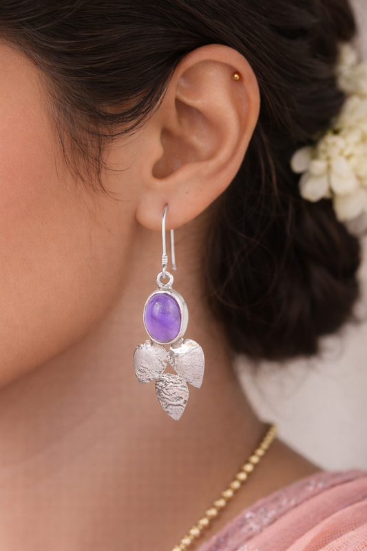 925 Sterling SLV Triple-Leaf Drop Earrings with Amethyst-Purple Stone
