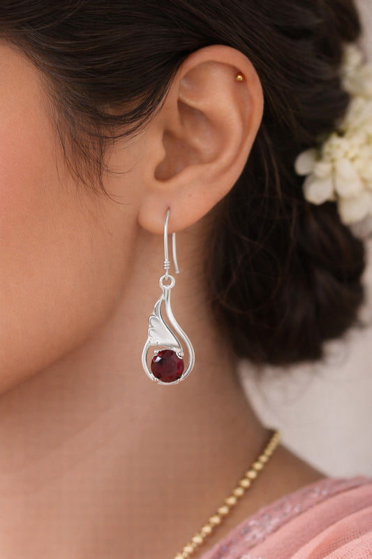 925 Sterling SLV Winged Drop Earrings with Red Stone
