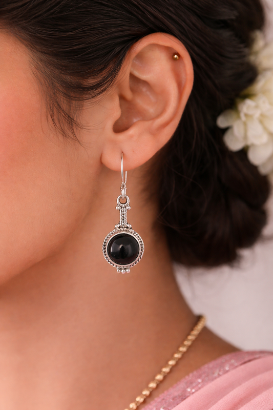 925 Sterling SLV Classic Drop Earrings with Black Onyx Stone