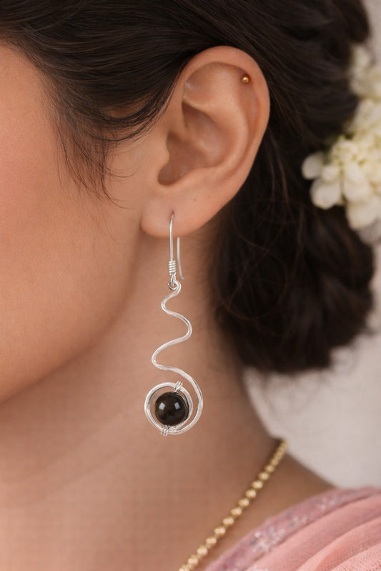 925 Sterling SLV Spiral Drop Earrings with Black Stone