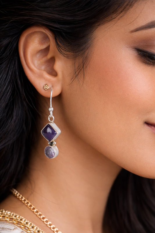 925 Sterling SLV Purple Stone Drop Earrings for Women