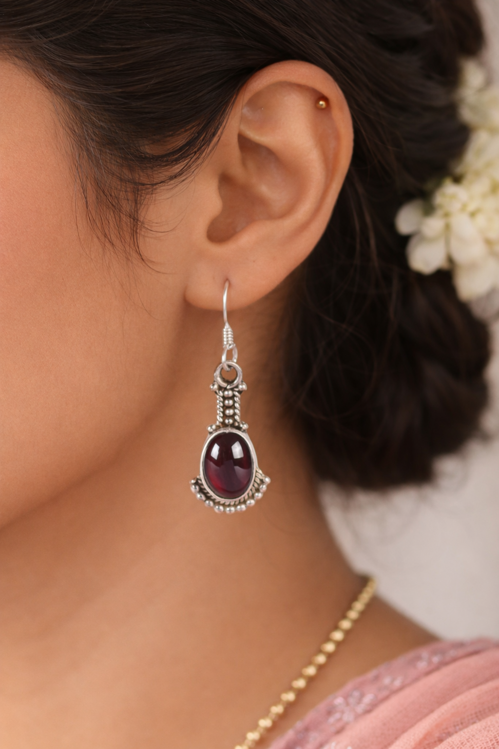 925 Sterling SLV Oxidized Drop Earrings with Red Stone – Elegant & Handcrafted