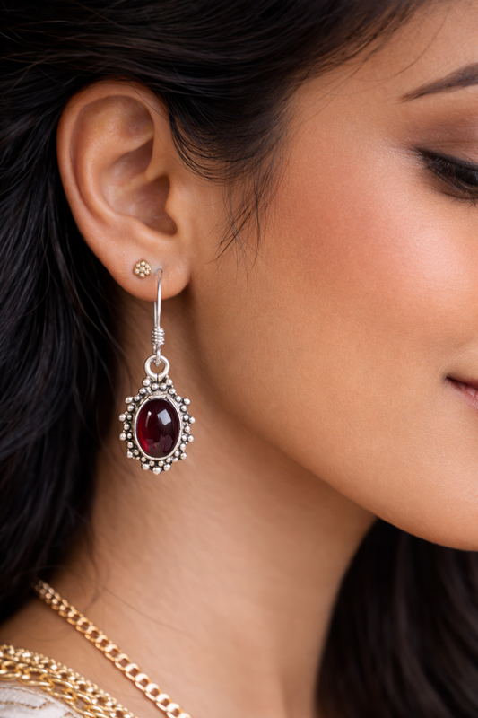 925 Sterling SLV Oxidized Drop Earrings with Red Stone – Classic & Elegant