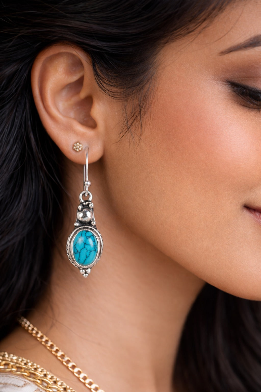 925 Sterling SLV Turquoise Stone Drop Earrings for Women