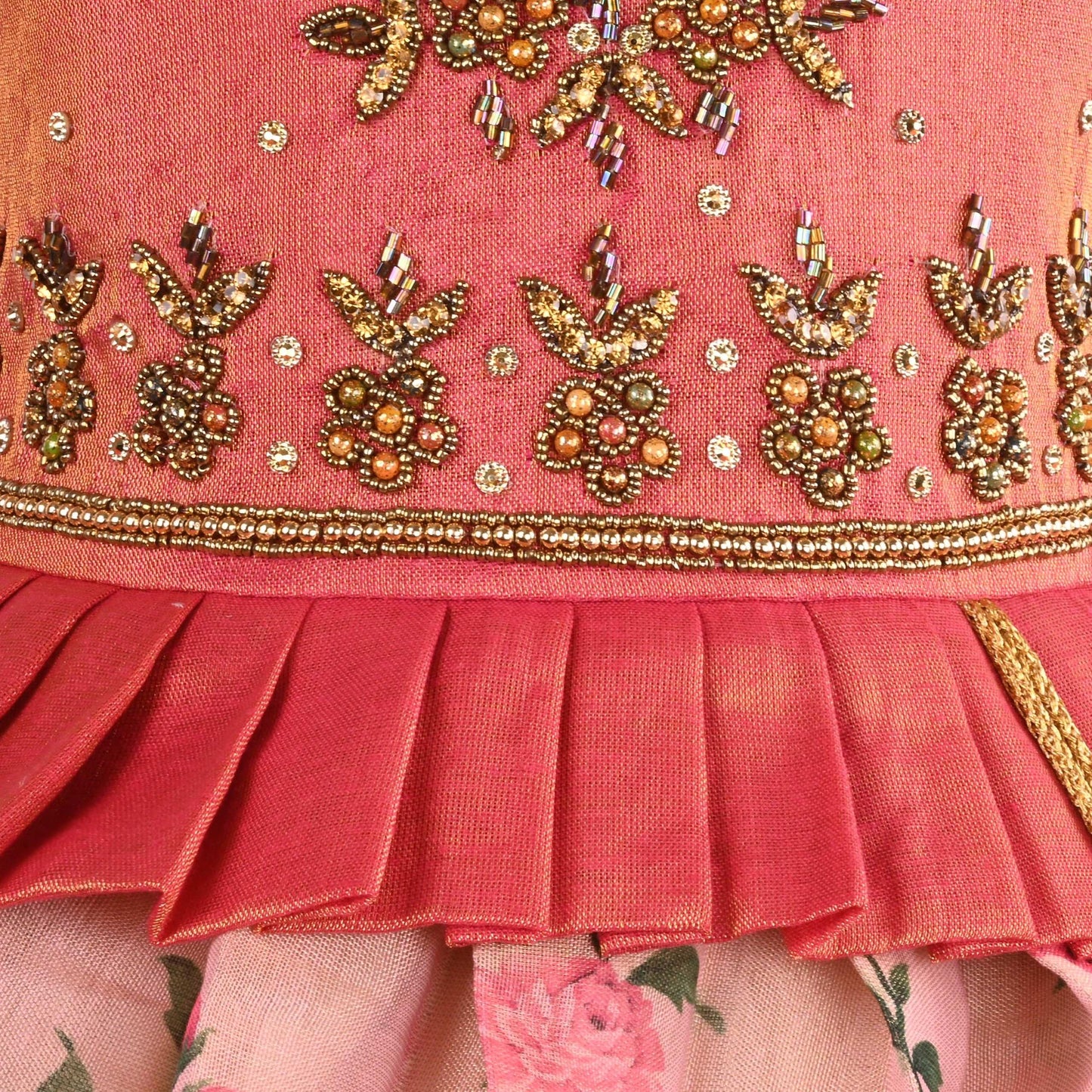 Girls Bead Embellished Printed Silk Ethnic Dress