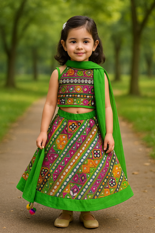 Girls Ethnic Wear Embroidered Cotton Ghagra Choli Dupatta Set