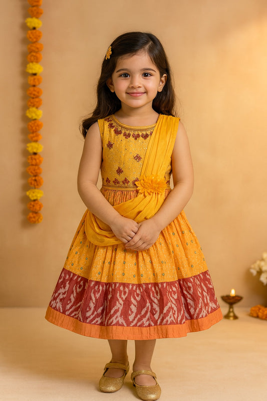 Girls Patola Print Sequin Embroidered Sleeveless Ethnic Dress