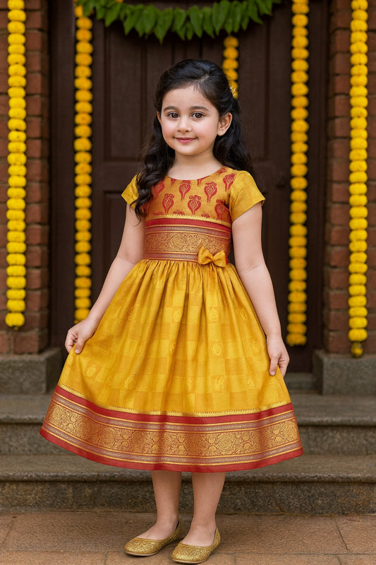 Girls Woven Zari Short Sleeve Round Neck Ethnic Dress