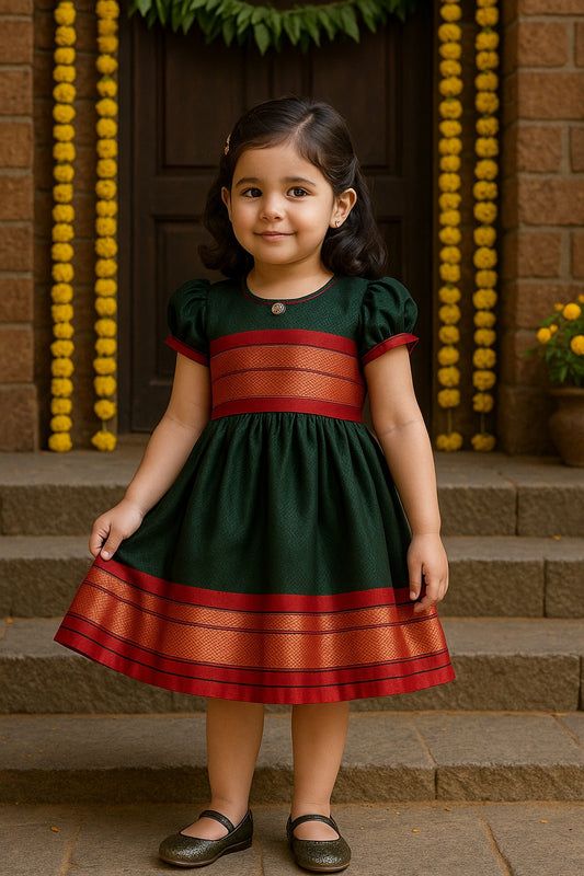 Girls Silk Traditional Zari Border Dress