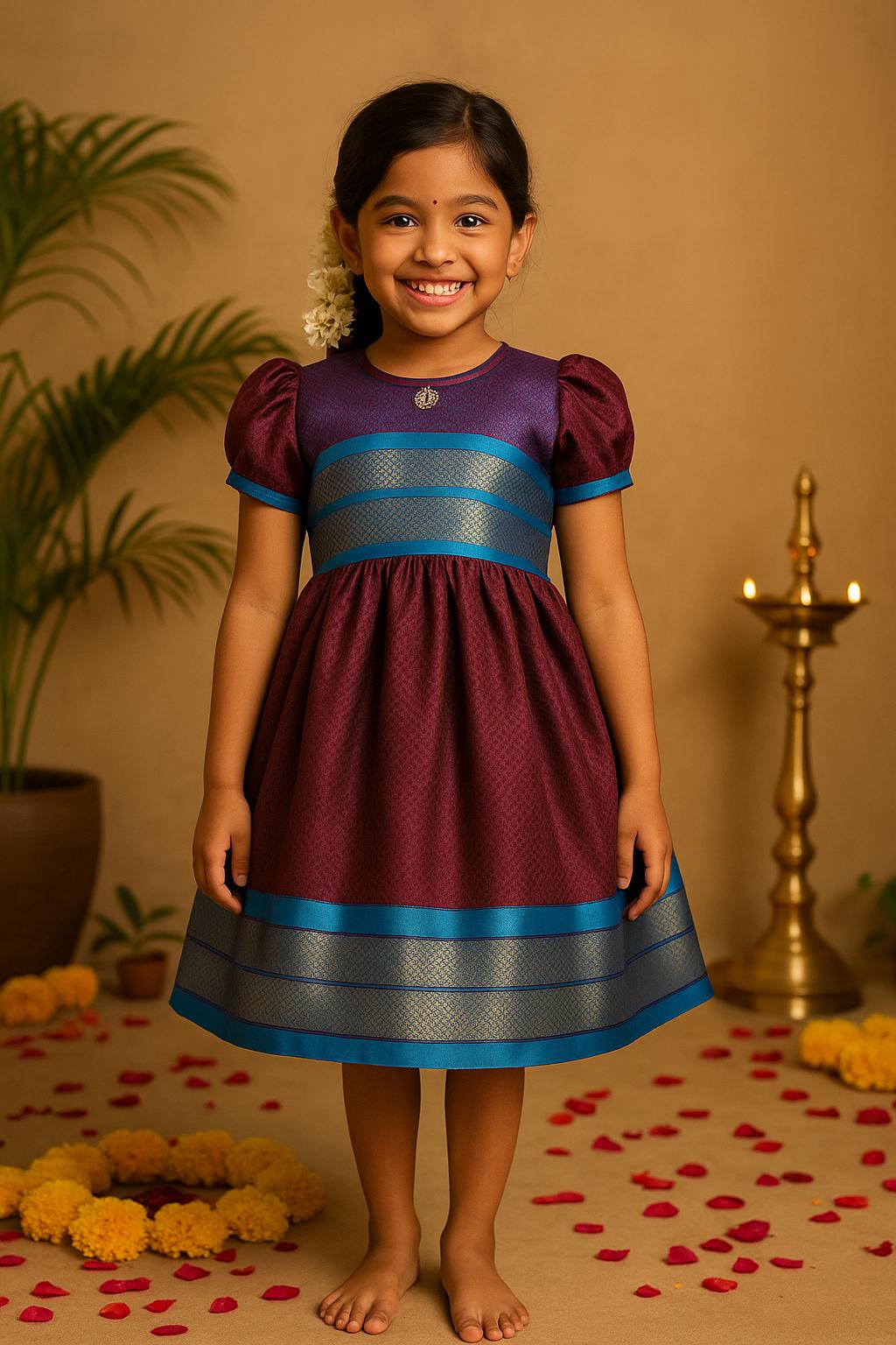 Girls Silk Traditional Zari Border Dress