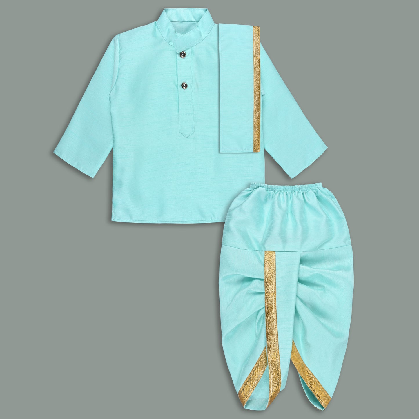 Boys Traditional Art Silk Kurta and Dhoti Set â€“ Gold Detailing