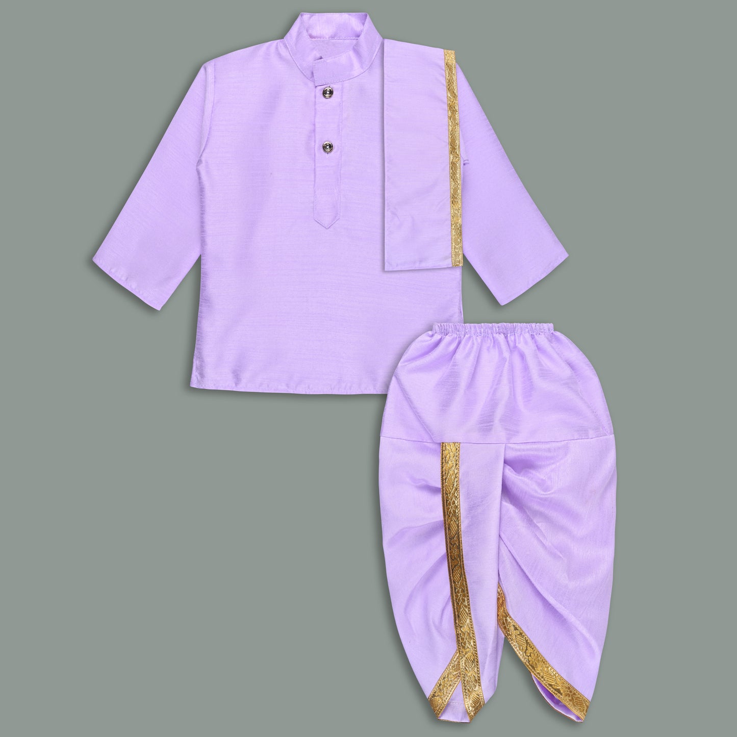 Boys Traditional Art Silk Kurta and Dhoti Set â€“ Gold Detailing