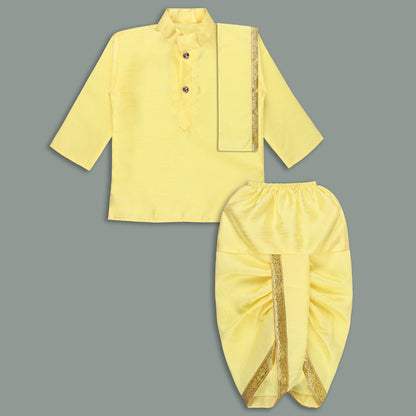 Boys Traditional Art Silk Kurta and Dhoti Set â€“ Gold Detailing