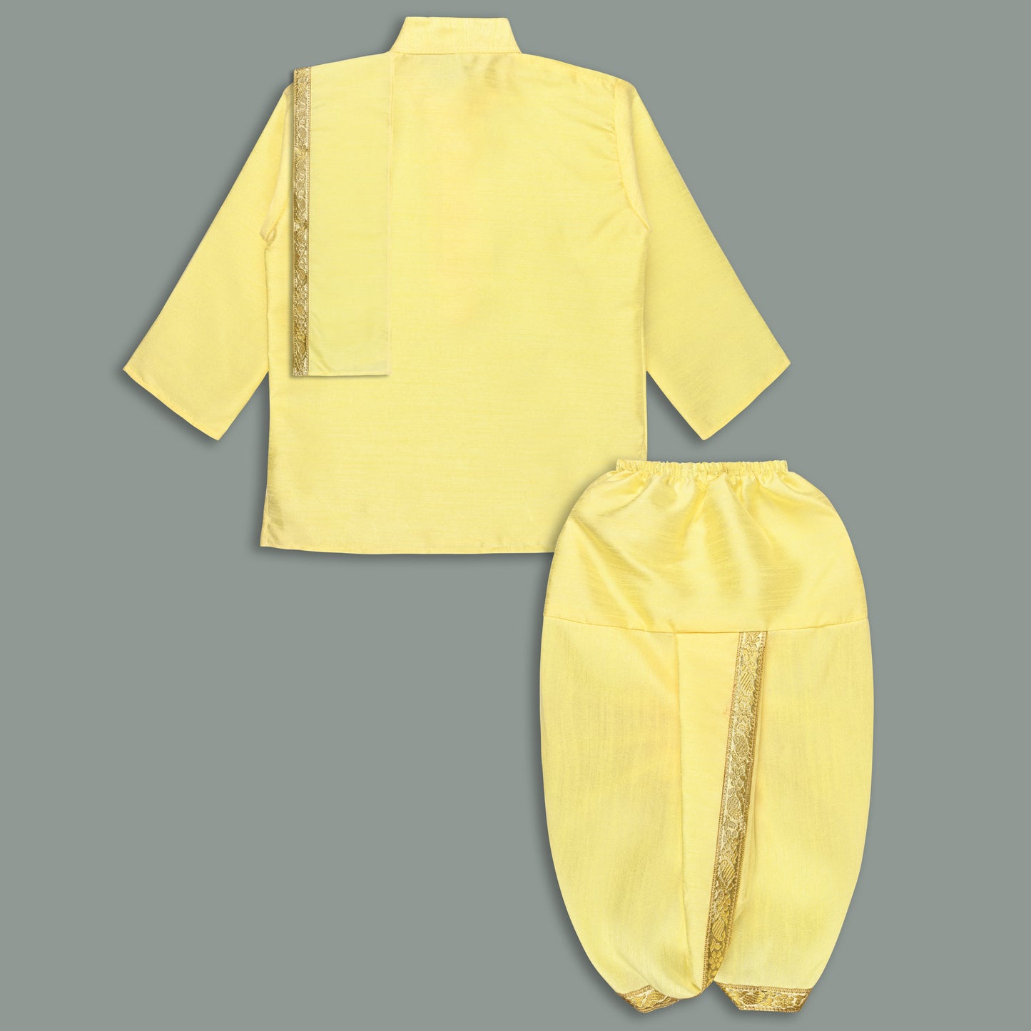 Boys Traditional Art Silk Kurta and Dhoti Set â€“ Gold Detailing
