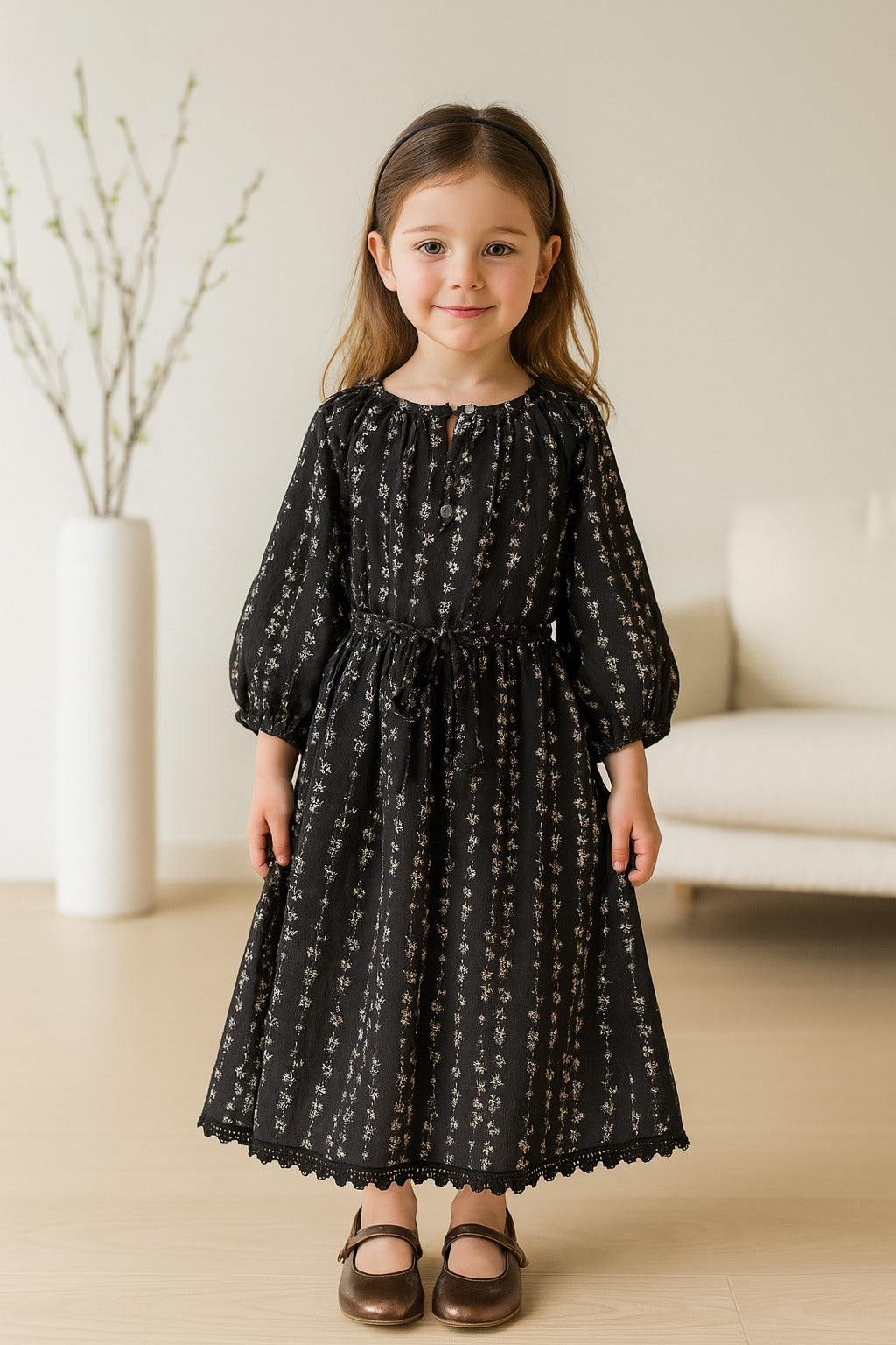 Girls Kaftan Style Casual Dress with Lace Embellishment fe3482