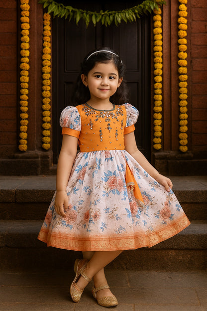 Girls Floral Printed Bead Embellished Ethnic Dress