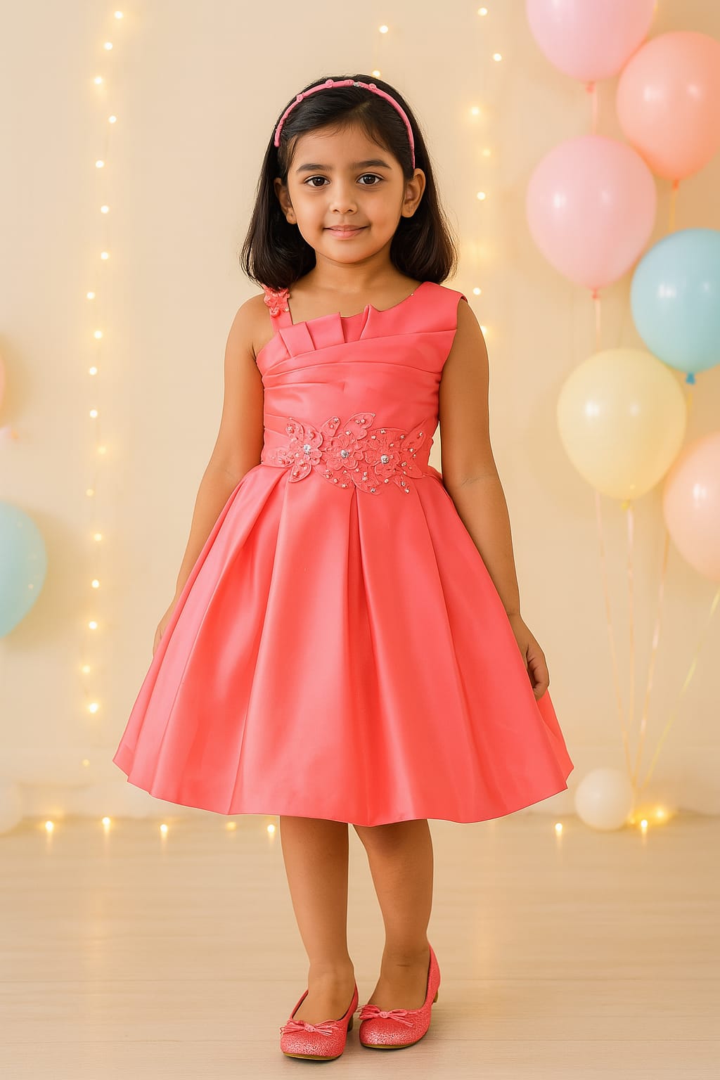 Girls Satin Embellished Flower Detailed Fit and Flare Dress