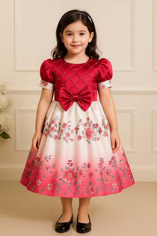 Girls Embellished Floral Print Pleated Party Dress