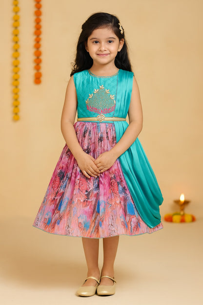 Girls Knee Length Satin Floral Print Dress