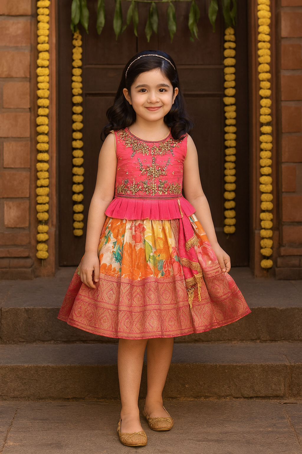 Girls Art Silk Embroidered Party Wear Frock – Sleeveless Floral & Zari Pattern Dress