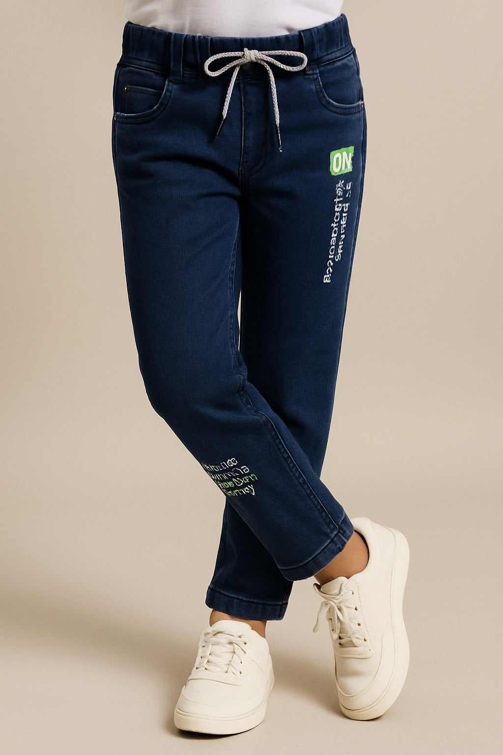 Boysâ€™ Denim Regular Pants with Drawstring Waist & Printed Pattern â€“ Full Length