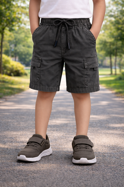 Boys Cotton Denim Cargo Shorts with Drawstring Waist