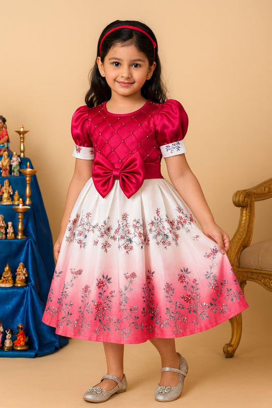 Girls Embellished Floral Print Pleated Party Dress